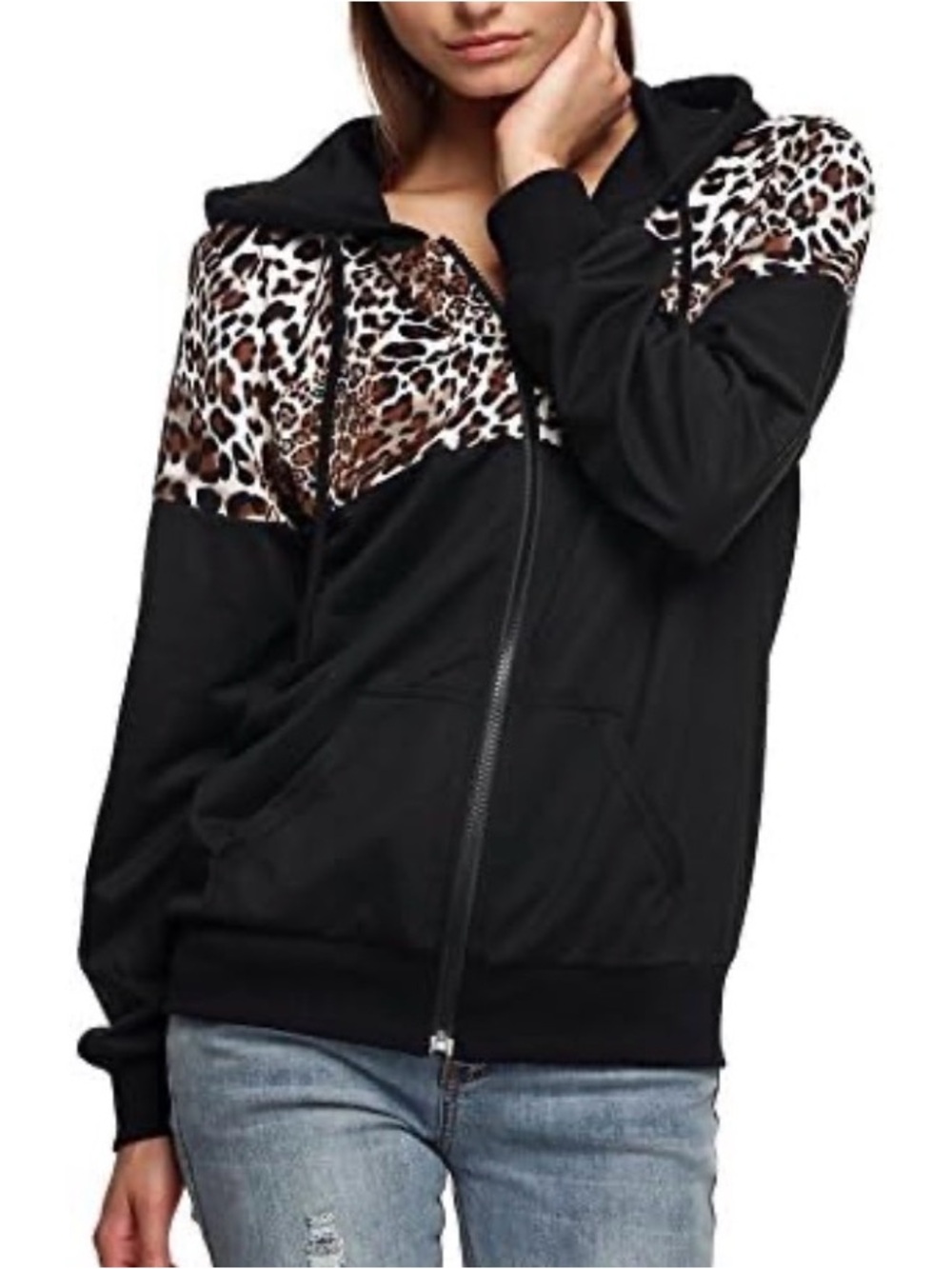 Women’s Black Zip-Up Hoodie with Leopard Print Accent - Picture 4 of 6